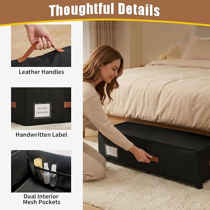 Under Bed Storage Containers with Wheels 2-Pack , 9.5" Tall Underbed Storage Drawers Organizer Bins for Clothes Shoes Toys Wrapping Paper with Extra Interior Pockets, Easy Pull-out, Heavy-duty