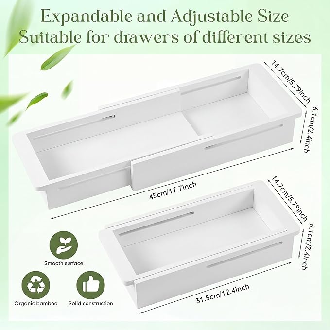 2 Pcs Sliding Drawer Organizer Bin Bamboo Drawer Expandable Bins Utensil, White