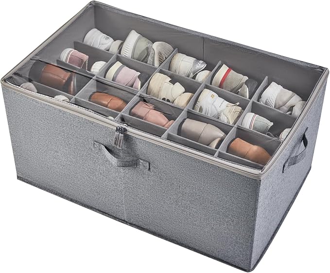 Berdeng Shoe Storage Organizer for Closet, Shoe Box Organizer, Space Saving Foldable Shoe Rack, Shoe Storage Cabinet with Clear Cover and Reinforced Handles, Fits 20 Pairs, Grey
