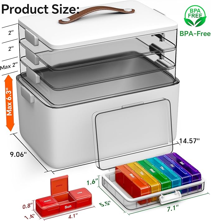 4-Tier XL Medicine Organizer with Leather Handle