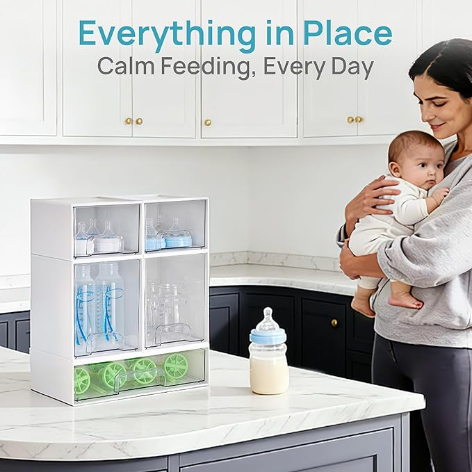 Stackable Storage Drawers Set of 5, Plastic Organizer Bins for Baby Bottle