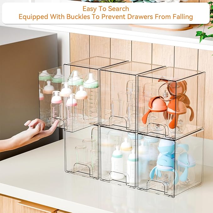Yieach 7.5"H Stackable Storage Drawers,4 Pack Clear Acrylic Drawer Organizer for Vanity,Under Sink,Cabinet and Bathroom Closet Organizer,Bottle Station and Baby Bottle Storage Organizer for Countertop