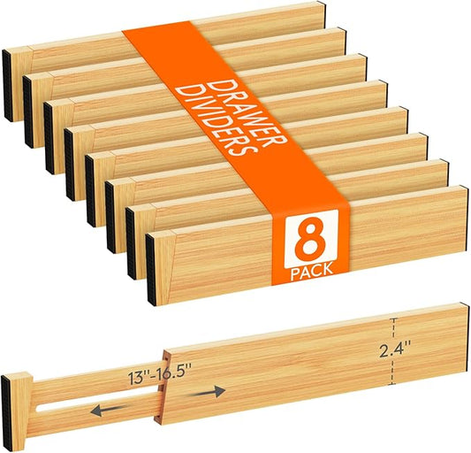 2.4" High 8 Pack Bamboo Drawer Dividers 33-42cm/13-16.5" Adjustable Wooden