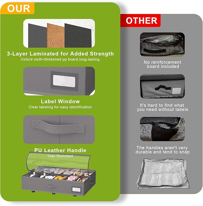 Under Bed Shoe Storage with Wheels, Fits 24 Pairs, Grey