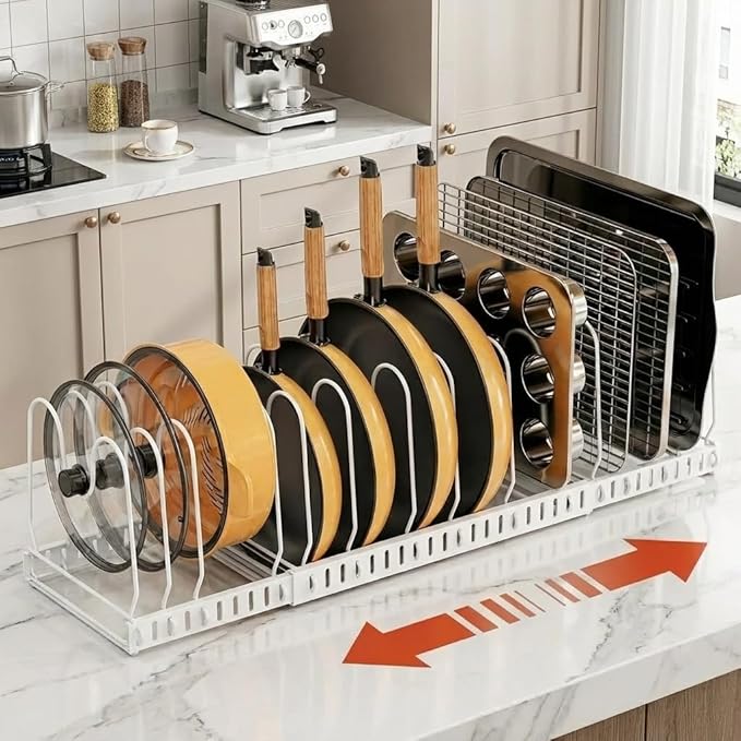 Pot And Pan Organizer Under Cabinet, Expandable Pans and Pots Organizer Rack Pot Lid Holder Shelf with 12 Different Size Dividers (12 Brackets-White)