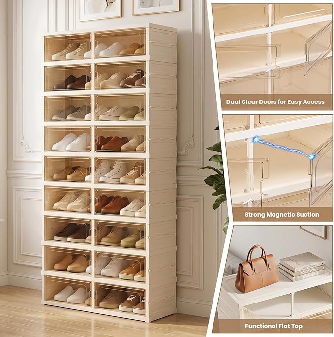Foldable Shoe Rack with Doors, Stackable Plastic Shoe Organizer, Large Clear Shoe Storage Boxes for Closet and Entryway, Portable Collapsible Shoe Cabinet 9 Tiers, 27Pairs