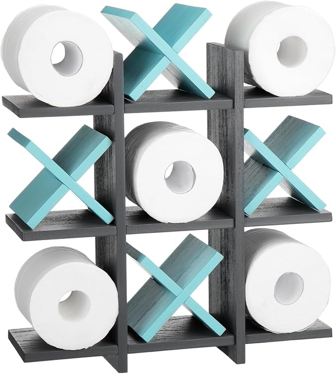 Weysat Tic Tac Toe Toilet Paper Holder Stand Bathroom Wall Decor Rustic Wooden Hanging Storage Freestanding Wall Mounted Shelves Decor for Toilet Tissue Farmhouse