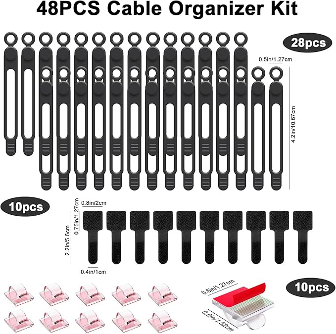 48Pcs Cord Organizer Kit, Reusable Elastic Silicone Cable Ties, Strong Adhesive Cable Clips for Cable Management, Multipurpose Wire Management for Bundling and Fastening Various Wires (Black）