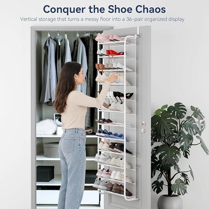 Whitmor 36 Pair Over the Door Shoe Organizer, 12 Tier Hanging Shoe Organizer, Heavy Duty Metal & Mesh Shoe Holder, Hanging Shoe Rack for Closet Organizer & Storage, 74"L x 21.7"W x 7.5"H, White