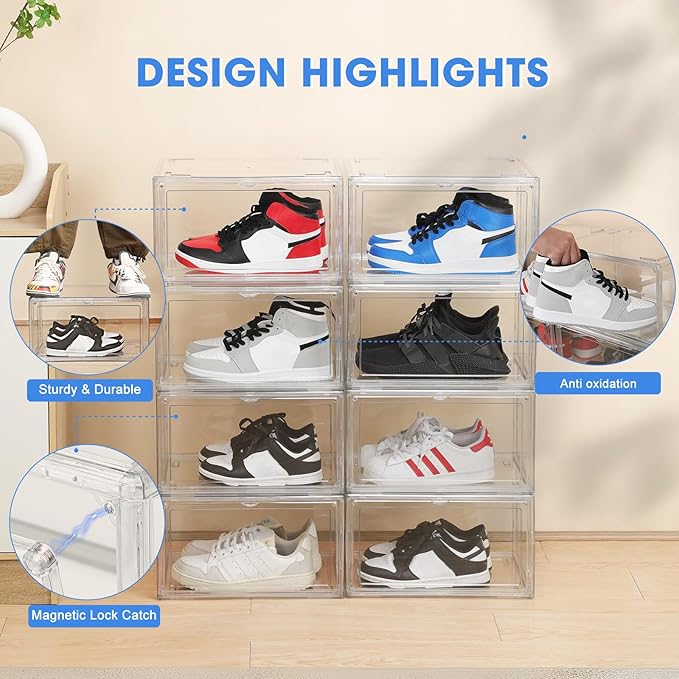HIYOHIYO 1 Pack Clear Shoe Storage Boxes Stackable for Sneaker, Shoe Box Storage Bins, Fully Transparent Display Case with Magnetic Door Suitable for Ankle, Boots, High Heels, Fit US Size 14