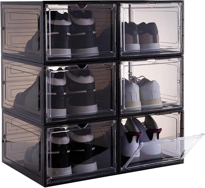 ZLLZUU Shoe Organizer Shoe Storage Boxes, 6 Pack Large Drop Front Shoe Boxes with Magnetic Door, Clear Plastic Stackable Shoe Containers (Black)