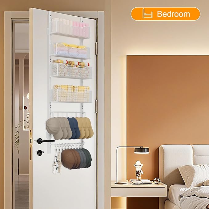 Over the Door Organizer, 2 in 1 Metal Hanging Closet Organizer & Hat Rack with 4 Adjustable Baskets, 8 Hooks, 10 Clips, Behind The Door Storage for Bedroom, Bathroom, Entrance, Closet, Kitchen, White