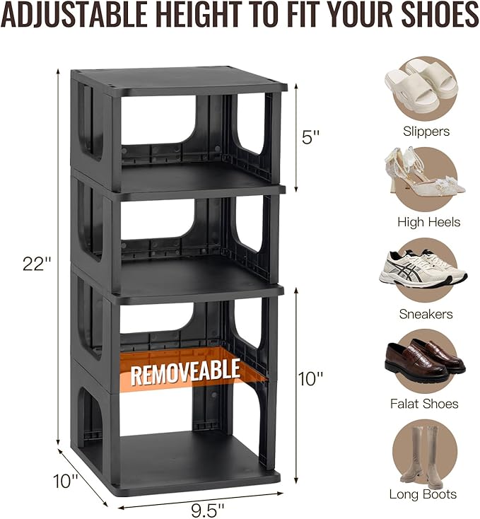TRZZ 8-Tier Small Shoe Rack, Vertical Narrow Stackable Organizer with Removable Partition, Efficient Shoe Storage for Closet, Entryway, and Small Spaces (Black)
