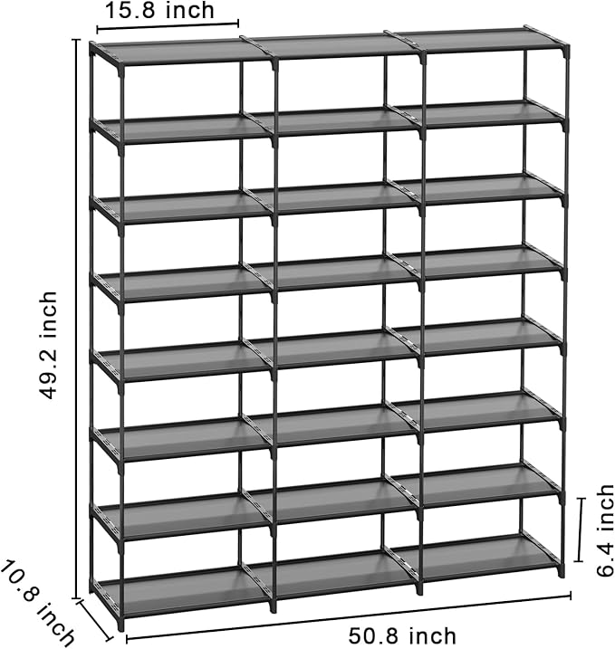 SMILHELTD Large Shoe Rack 3 Row 8 Tier for Entryway Holds 48 Pairs, Metal Shelves with Dust-Proof Mats, Space Saving Storage for Garage Closet, DIY Assembly, 49.2" W x 50.8" H