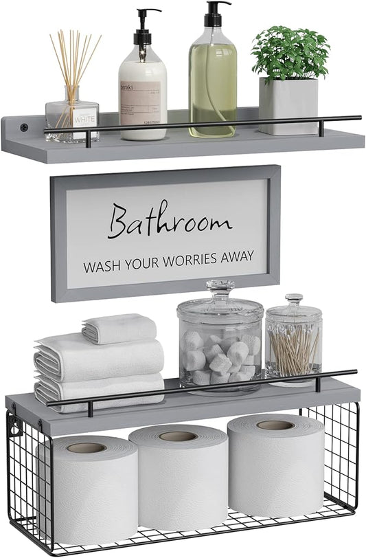 WOPITUES Floating Shelves for Wall Decor Sign, Bathroom Organizers and Storage, Bathroom Shelves Over Toilet with Metal Guardrail-Modern Grey