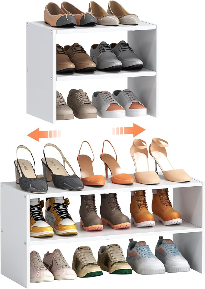 2-Tier Expandable White Shoe Rack Organizer for Closet