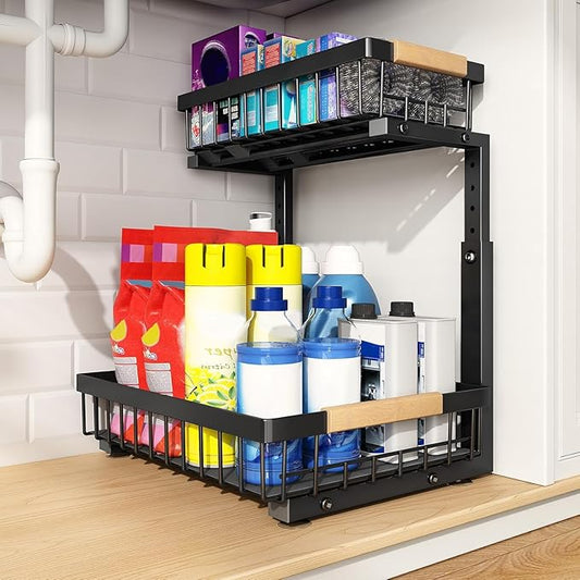 PXRACK Under Sink Organizer, Adjustable Height, 2 Tier Pull Out Under Cabinet Organizer, Slide Out Thickened Metal Under Sink Storage for Kitchen Bathroom Laundry Pantry Cabinet, Black, Large-1-Pack