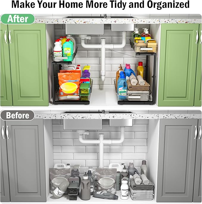 2 Pack Double Sliding Under Sink Organizers and Storage