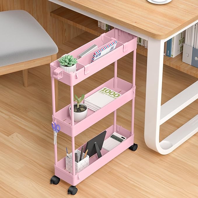 Slim Storage Cart 3 Tier, Bathroom Organizer Rolling Utility, Pink