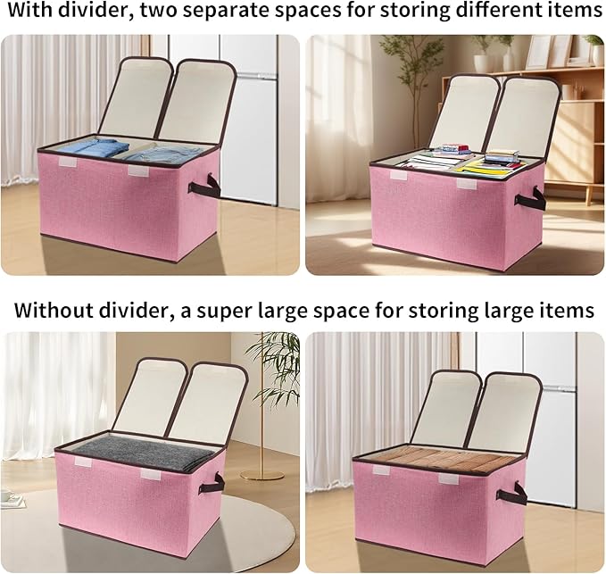 Foldable Fabric Storage Box, 16.5 x 11.8 x 9.8 inches (L x W x H), with Double-Lid & Dividers, Large Organizer for Home, Closet, Office(Pink, 3 Packs)