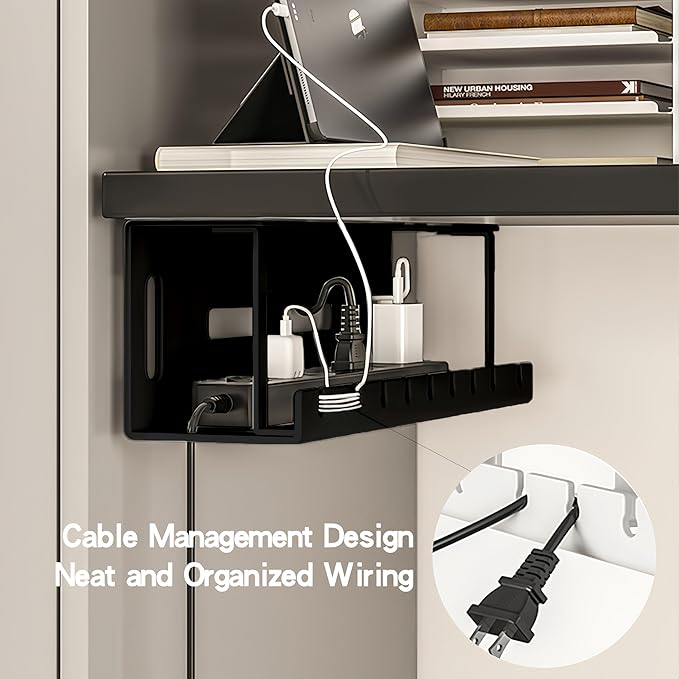Under Desk Cable Management Tray Wires Organizer Power Strip Management 20'' No Drill Under Table Organizer for Cable Storage Holder (BLACK-40CM)