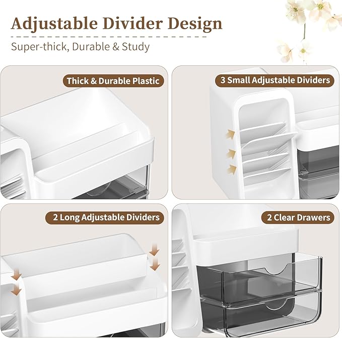 Makeup Organizer for Vanity with 5 Adjustable Dividers & 2 Clear Drawers, Large Make Up Brush & Perfume Holder, Cosmetic Display Cases Skincare Storage for Bathroom Countertop, Office, Pantry, Kitchen