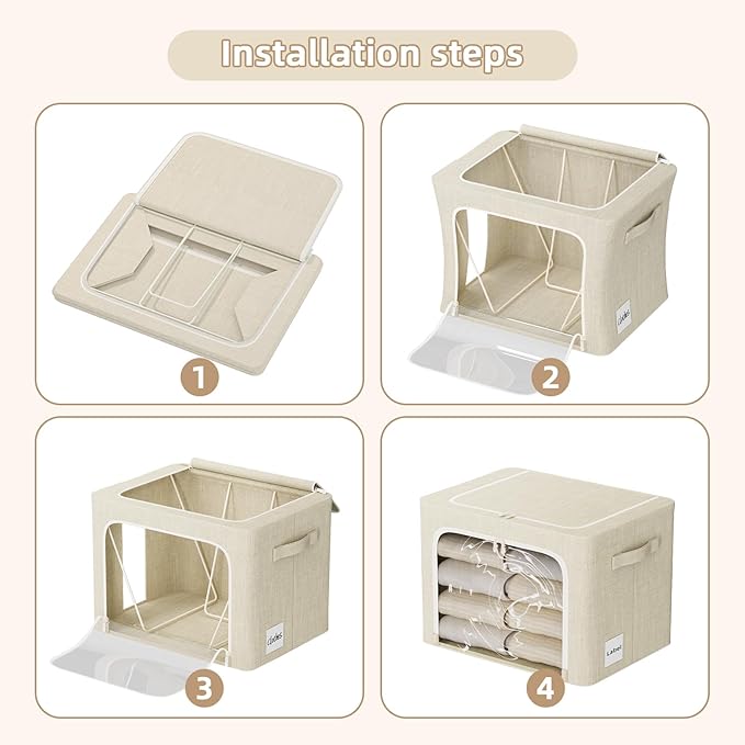 FHSQX 8 Pack Clothes Storage Bins - Foldable Storage Bins for Clothes Fabric Storage Box with Metal Frame (Beige, 16.5x12.2x12.2 inch)