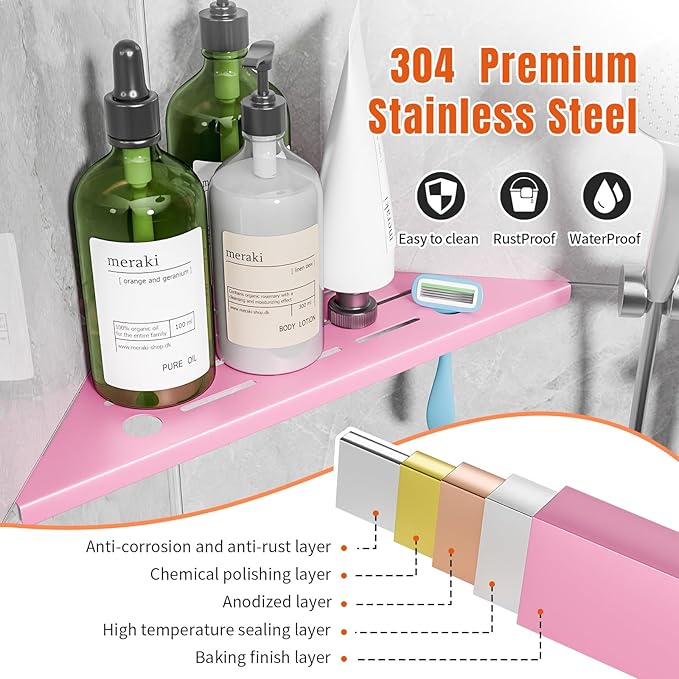 Corner Shower Shelves with Razor Hole, Modern Sturdy Shower Shelves Corner, 10" 304 Stainless Steel Shower Organizers Corner Shelf for Tile Wall, No Drilling Grout Mount Bathroom Shelf,Pink