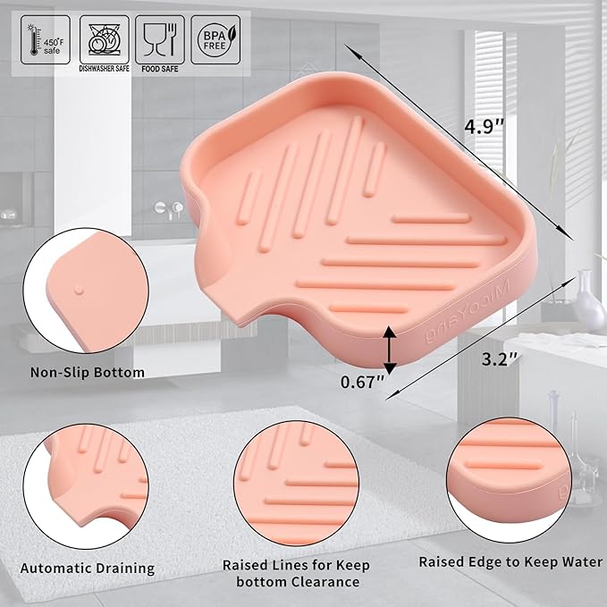 MicoYang Silicone Soap Dish with Drain Spout — Self-Draining Sink Organizer Tray for Bathroom & Kitchen, Holds Bar Soap, Sponges & Dispensers, Non-Slip & Dishwasher Safe, Pink (Small, 4.9"×3.2")