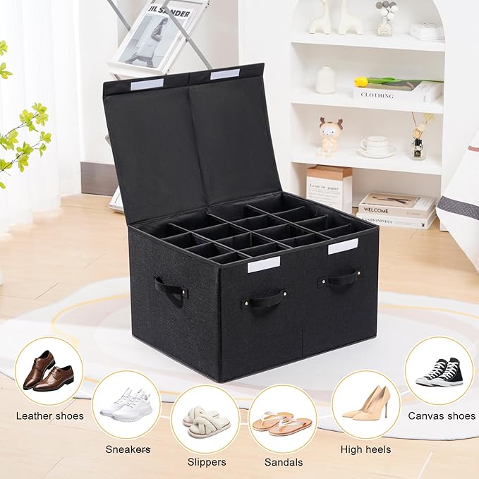 Shoe Organizer for Closet, Foldable Shoe Storage Box with Adjustable Dividers, Large Space Saving Shoe Storage Container Fits up to 16 Pairs with Reinforced Handles (Black)