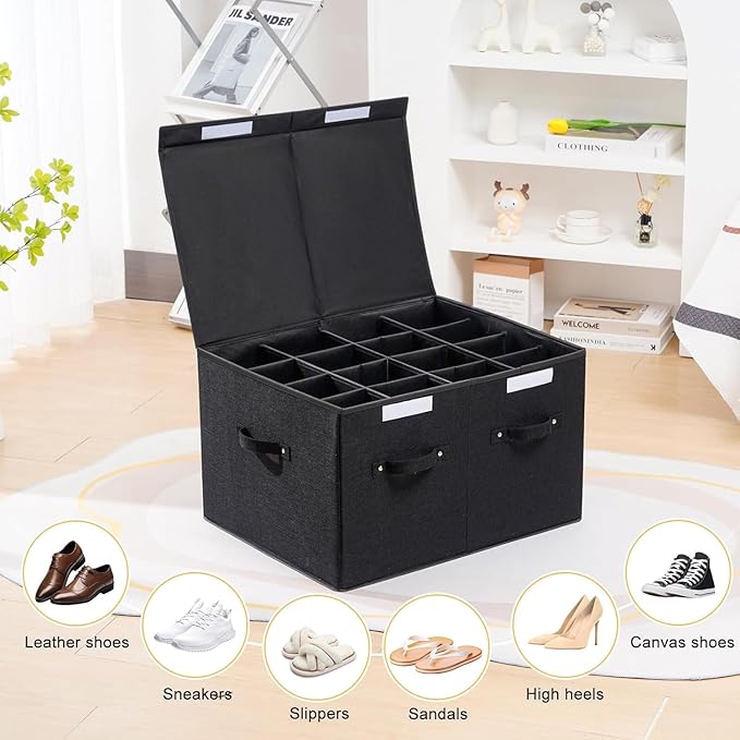 2 Pack Shoe Organizer for Closet, Foldable Shoe Storage Box with Adjustable Dividers, Large Space Saving Shoe Storage Container Fits up to 16 Pairs with Reinforced Handles (Black)