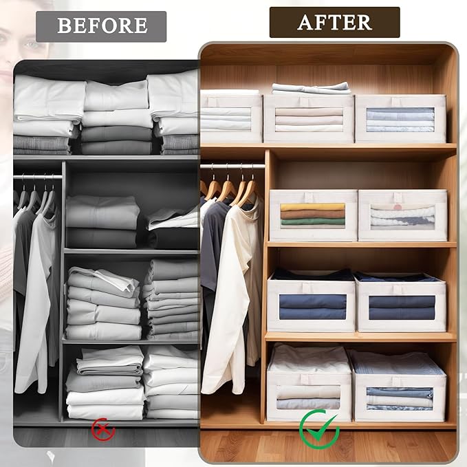 VZZNN 4 Pack Linen Organizers and Storage, Closet Storage Bins Linen Closet Baskets for Organization Foldable Organizer Bins with Clear Window for Organizing Clothing, Beige
