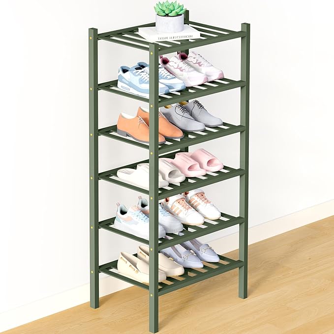Smiry Bamboo Shoe Rack for Closet, 6 Tier Small Wooden Shoe Organizer, Stackable Wood Shoe Storage Shelf for Entryway, 14 Vertical Slats, 3+3 Stack Heavy-Duty Legs, 17.32"x11.02"x36.61", Green