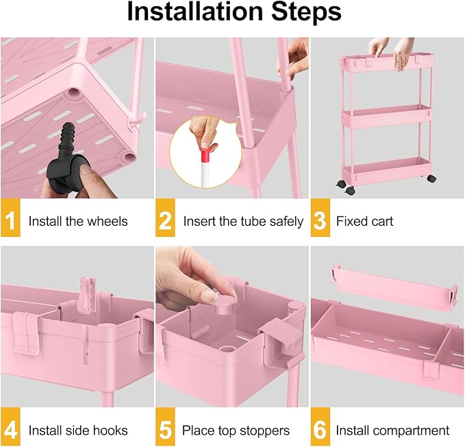 Slim Storage Cart 3 Tier, Bathroom Organizer Rolling Utility, Pink