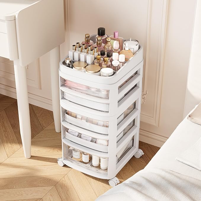 Rolling Cart with 5 Drawers, Clear Plastic Drawer Organizers
