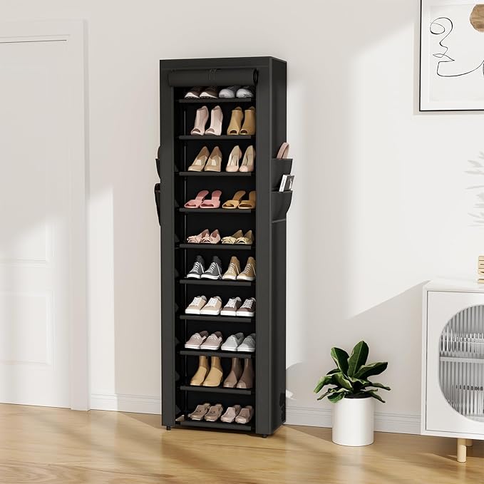 VTRIN Vertical Narrow Shoe Rack Organizer 10 Tier Tall Shoe Shelf Holds 20-22 Pairs with Non-Woven Dustproof Cover for Closet, Entryway Black