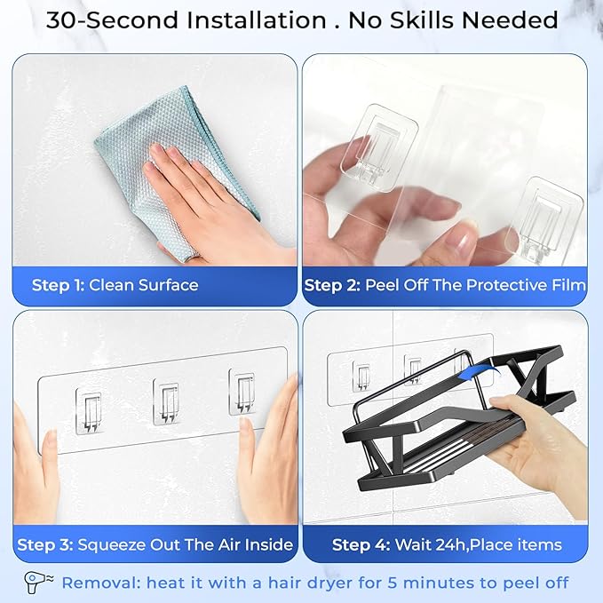 Shower Caddy Adhesive Replacement Hooks, Heavy Duty Waterproof Strips, No Drilling for Bathroom Shelves, Kitchen Racks, and Soap Holders (Transparent-6 Pack 1&3 Hook)