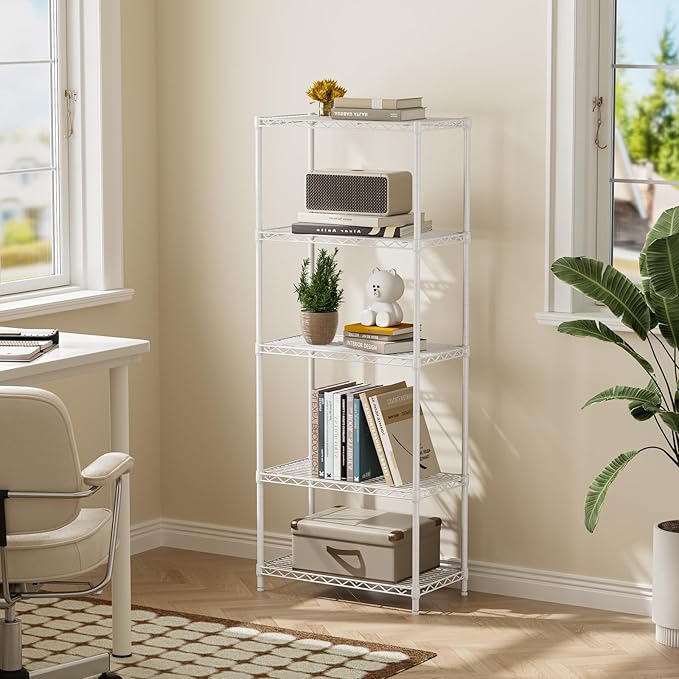Golpart 5 Tier Adjustable Storage Shelves Heavy Duty Metal Utility Shelf 750LBS Capacity Wire Shelving Unit Organizer Rack for Home Kitchen Office Bathroom Pantry Room 12" D x 22" W x 59" H White