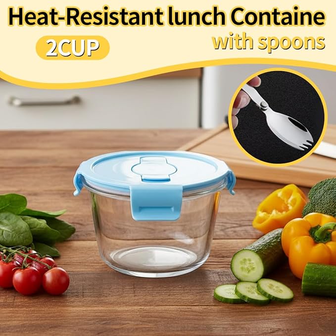 2 Cup Round Glass Soup Container with Lids and Spoons