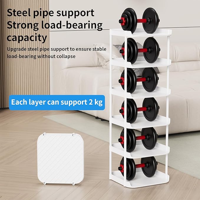 6 Tier Narrow Shoe Storage Rack, Compact Single Shoerack Stand for Slim Space, Stackable Tall Thin Show Tower, Solid Plastic Shelves, for Hallways, Kitchens, Bedrooms Tidy Organizer, White