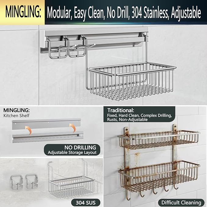 Premium Shower Caddy,Adhesive Wall Organizer Storage Basket ,Wall Mounted Shelves Shower Caddy Modern Home Style for Home Kitchen Bathroom, Storage Rack with Removable Basket & Hooks,Machine Washable