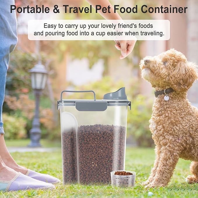 Dog Cat Food Storage Container 5-7 Lbs, Pet Food Container Airtight with Large Spout & Cup, BPA-Free Plastic Food Dispenser for Pet Food, Bird Seed, Rice, Flour (Dark Gray)