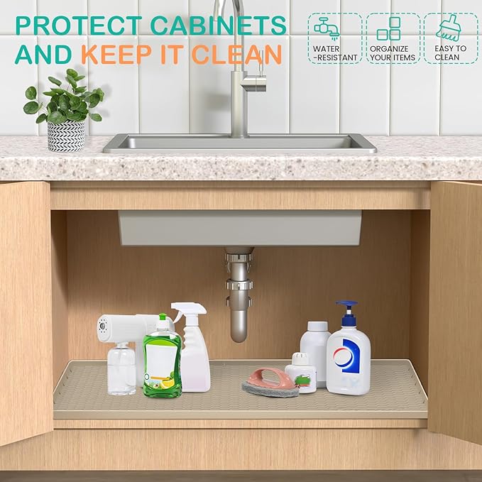 Waterproof Under Sink Mat 34" x 19", Silicone Cabinet Liner, Rubber Protector for Kitchen and Bathroom, Keeps Cabinets Clean, Dry, and Organized (Khaki)