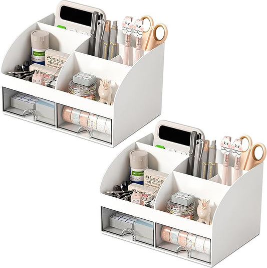 Desk Organizer with 6 Compartments and 2 Drawers, White-2Pack
