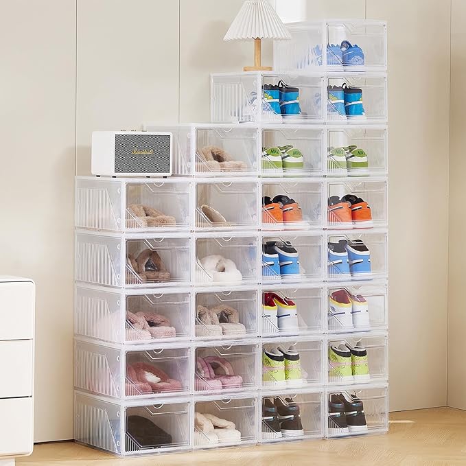 XX-Large Shoe Sneaker Storage Boxes for Size 14,Easy-to-Install Shoe Boxes, Thick and Stable, Stackable Shoe Boxes, Closet Organization (Clear White, XXL-10-pcs)