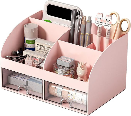 Desk Organizer with 6 Compartments and 2 Drawers, Plastic Makeup Organizer, Pink