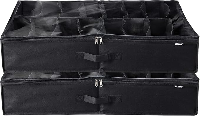 VEVOR Under Bed Shoe Storage Organizer, Set of 2, Total 32 Compartments, Underbed Shoes Closet Storage Solution with Clear Window, Breathable, Foldable Fabric Container Box with Reinforced Handles
