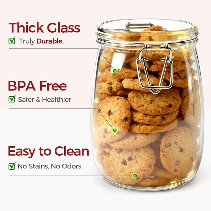 34oz 6 Pack Glass Jars with Airtight Lids - Round Food Storage Canisters for Pantry Organization, Ideal for Sugar, Cookies, Candy, Coffee, Nuts & Dry Goods | Thick Glass,BPA-Free