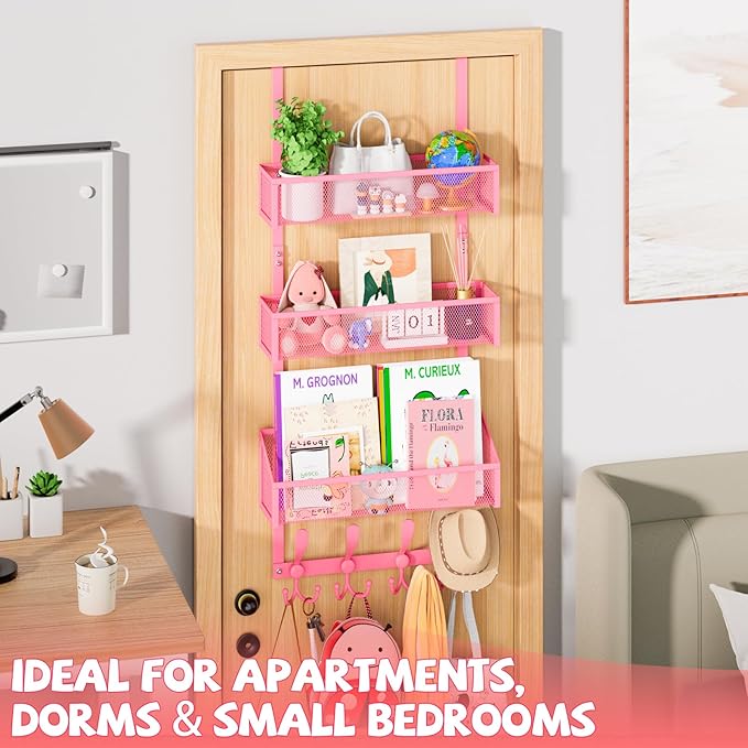Kaiferty Over The Door Hooks Organizer, Coat Rack Over The Door Storage Hanger Towel Rack, Back of Door Storage Organizer for Bathroom,Bedroom,Kitchen,Office (Pink, 4-Tier)