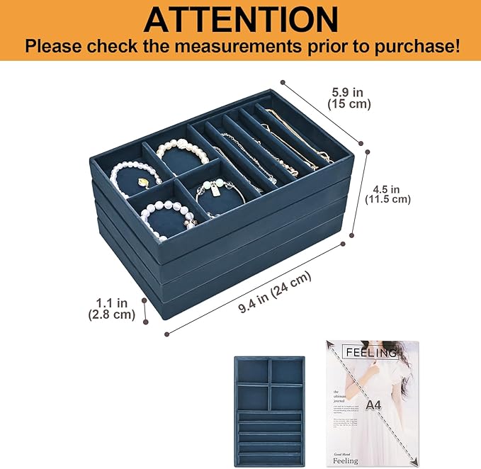 ProCase Stackable Jewelry Organizer Trays for Drawers, Jewelry Drawer Inserts Container Display Case Storage for Earring Necklace Rings Bracelet with Removable Dividers -Darkblue, 4 Layers